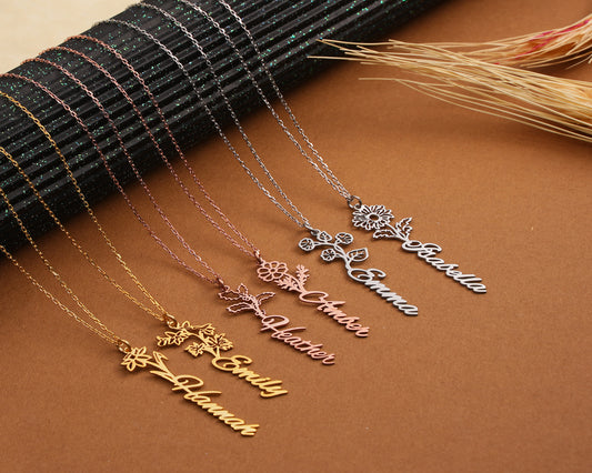 Solid Gold Personalized Birth Month Flower Necklace