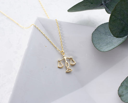 Solid Gold & Certified Diamond Libra Zodiac Sign Necklace